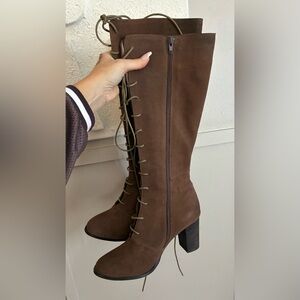 Vintage brown suede from lace up block heel boot sz 8